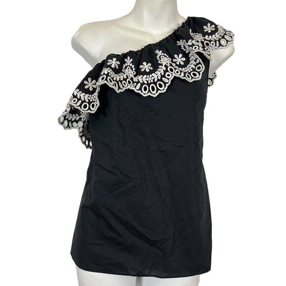 Kate Spade New York Womens Navy Ruffle Embroidered Eyelet One Shoulder Top sz S - Picture 1 of 16